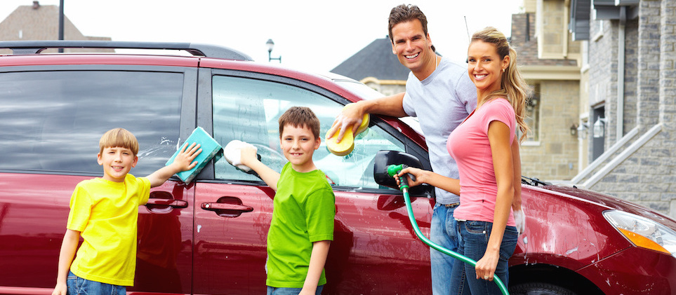 happy family washing car